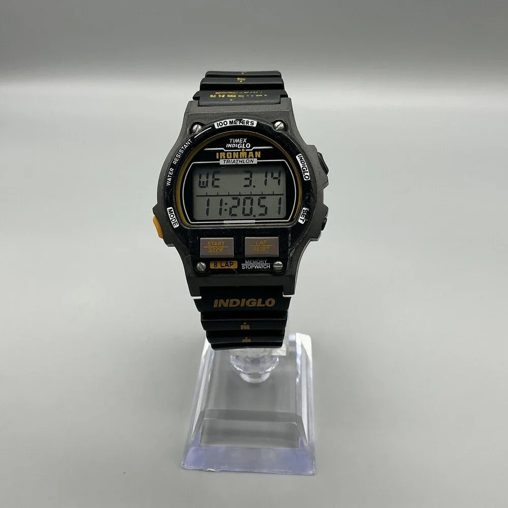 Vintage Timex Ironman Indiglo Mens Watch 39mm Black 8 Lap Alarm 100M Triathlon